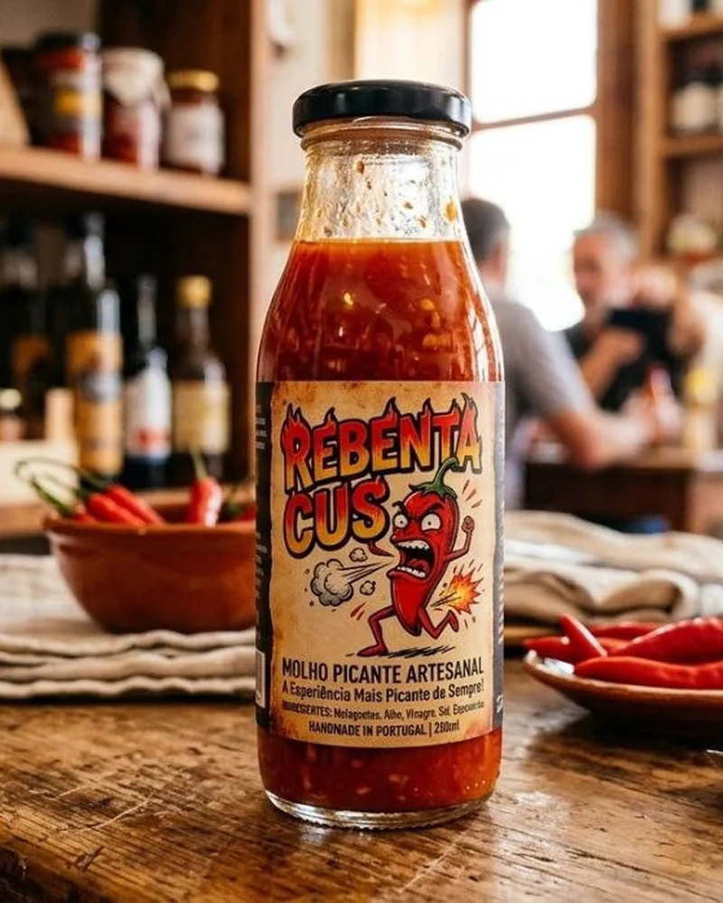 Imagem de conceito: frasco Rebenta Cus numa mesa rústica com malaguetas
